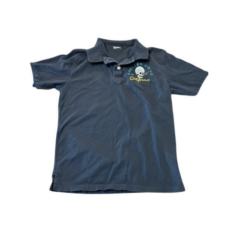 Gap Kids Shelter Cove California Skull Graphic Polo Shirt Navy Blue Boys Size L